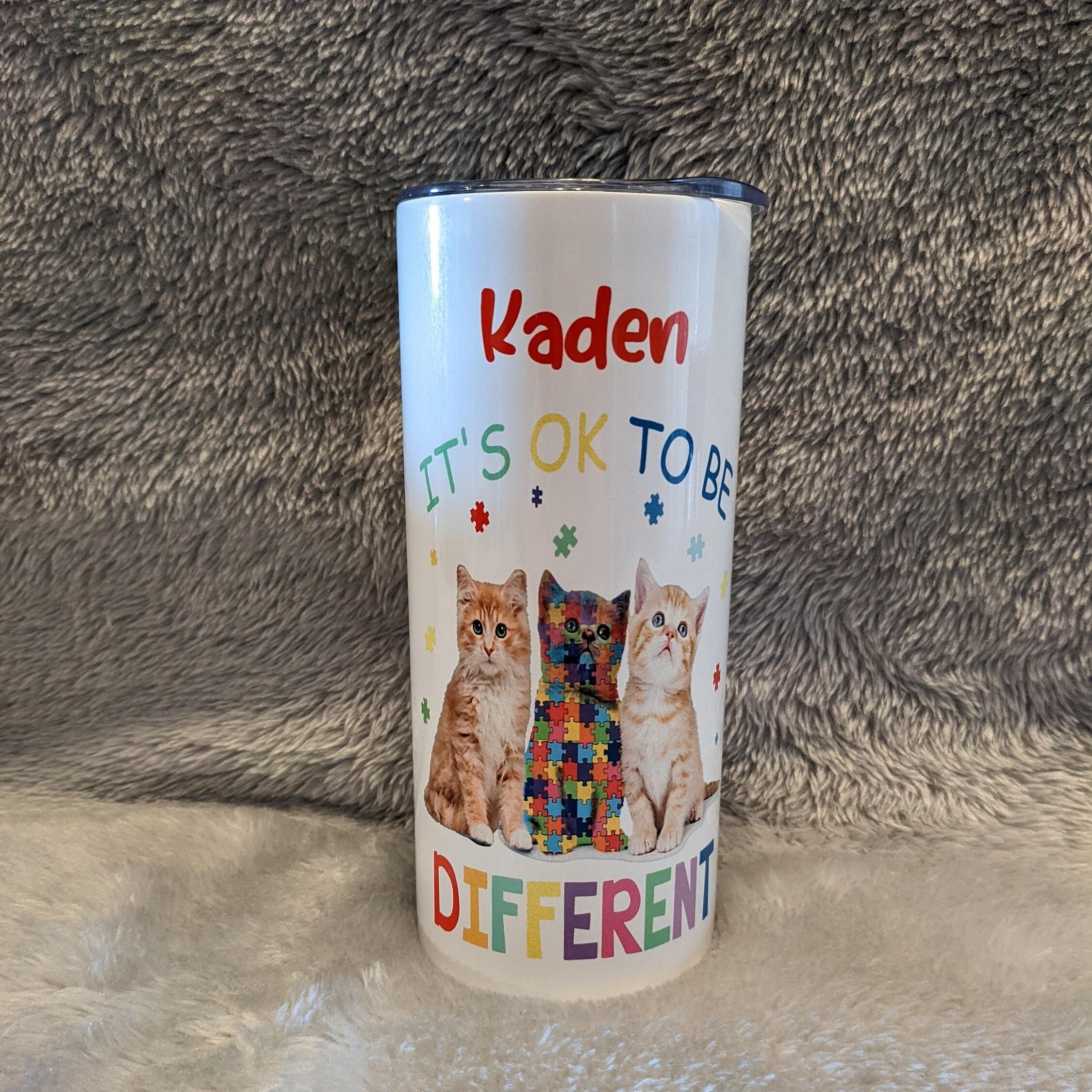 Kids Kitten Autism Tumbler, It's Okay To Be Different 15oz With Reusable Straw, Can Be Personalized