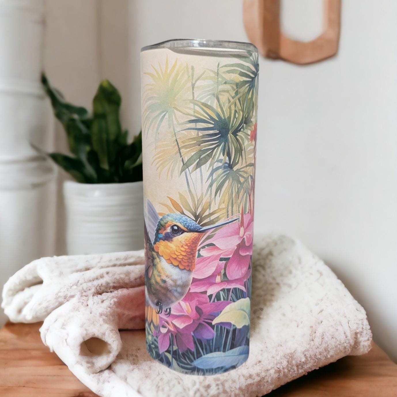 Colorful Hummingbird with Tropical Flowers Tumbler 20oz With Reusable Straw, Can Be Personalized