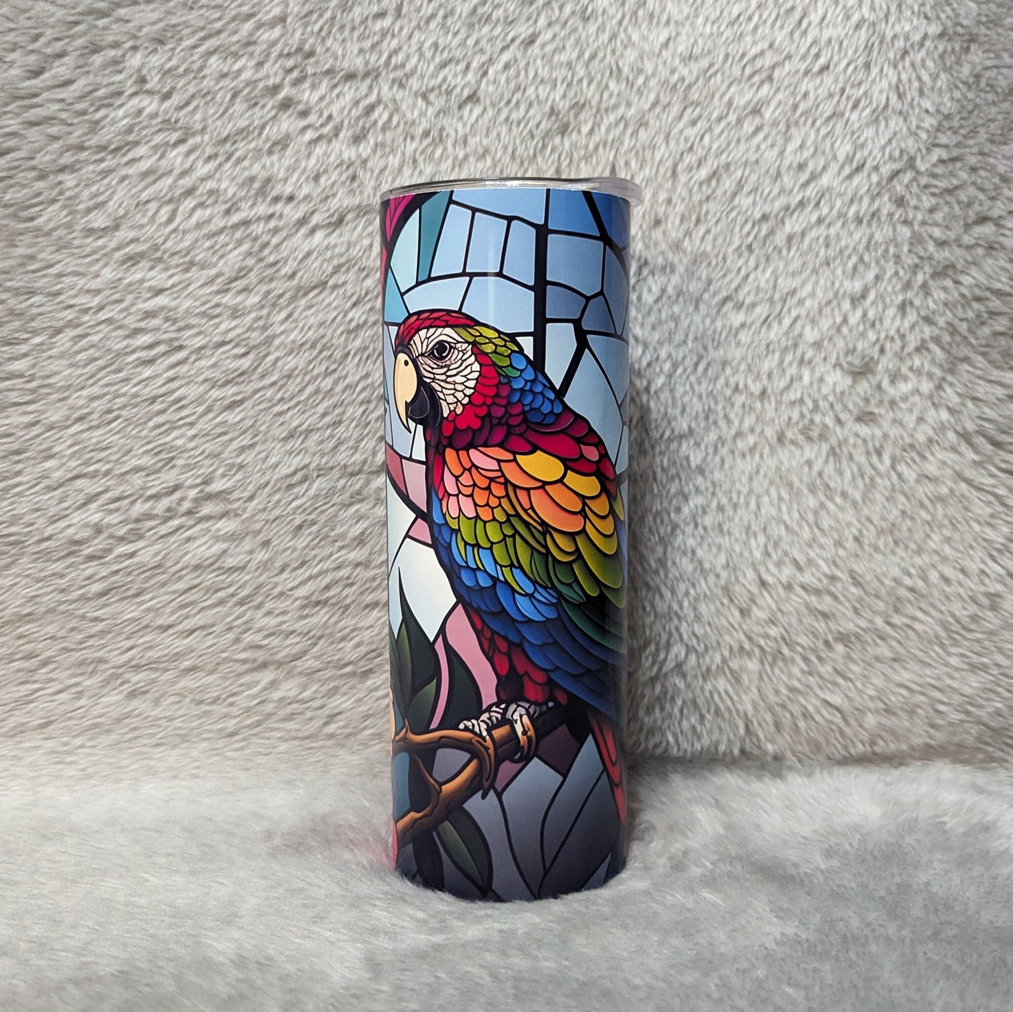 Colorful Parrot Tumbler With A Stained Glass Design 20oz With Reusable Straw, Can Be Personalized