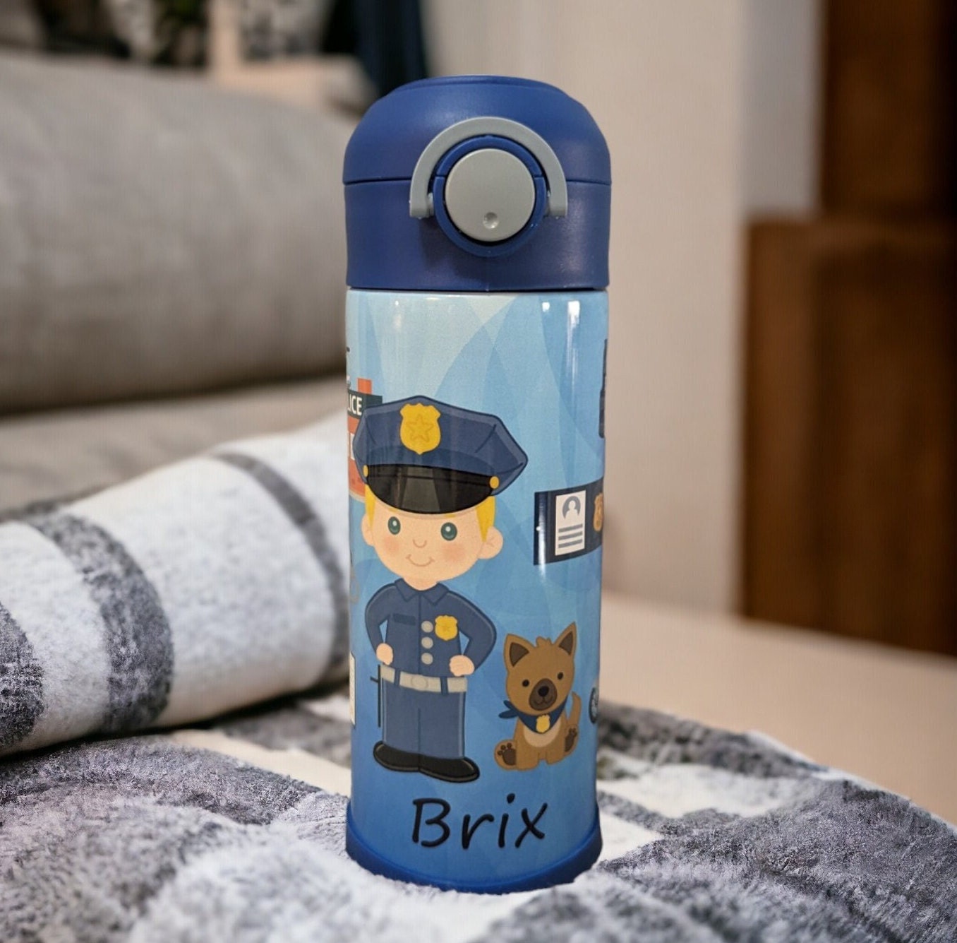 Kids Boy Cop Water Bottle 12oz With Reusable Straw Can Be Personalized
