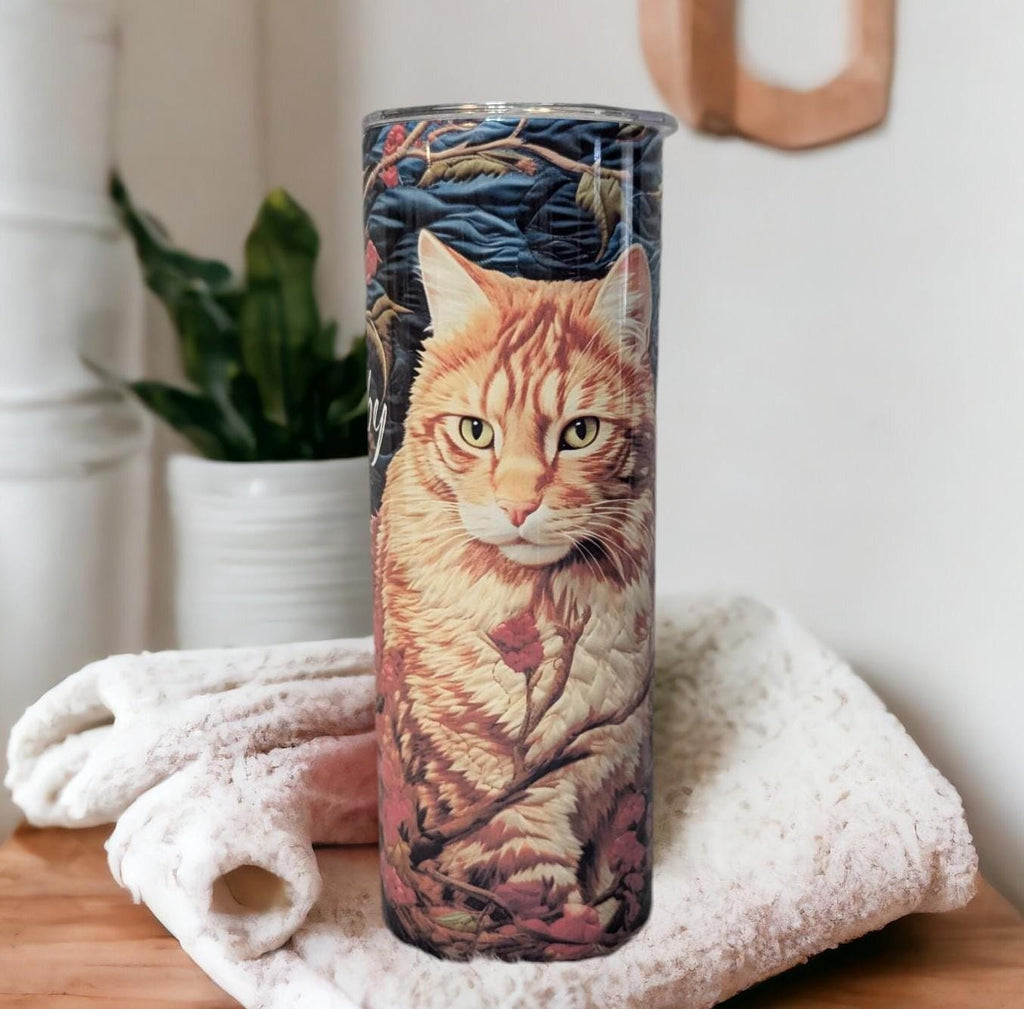 Cat Tumbler with Embroidered Orange Tabby Cat Design 20oz With Reusable Straw, Can Be Personalized