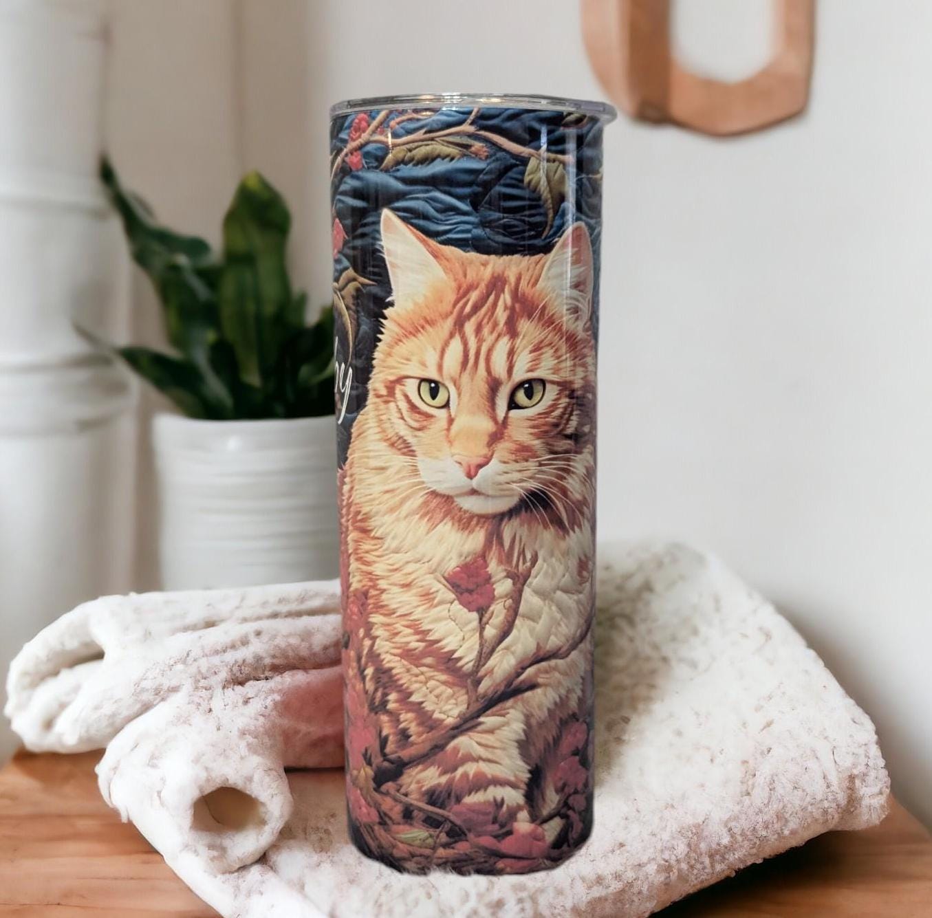 Cat Tumbler with Embroidered Orange Tabby Cat Design 20oz With Reusable Straw, Can Be Personalized