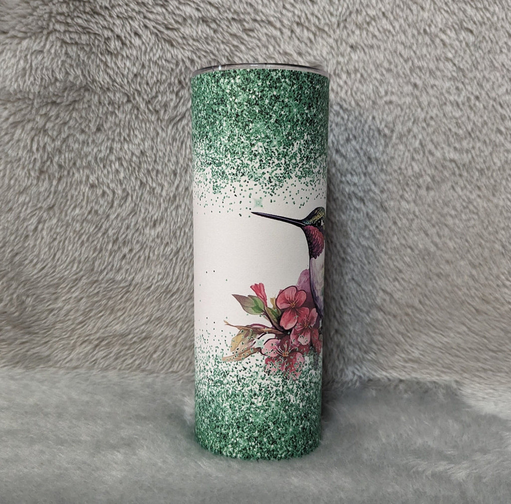 Hummingbird Tumbler with A Green Glitter Design 20oz With Reusable Straw, Can Be Personalized
