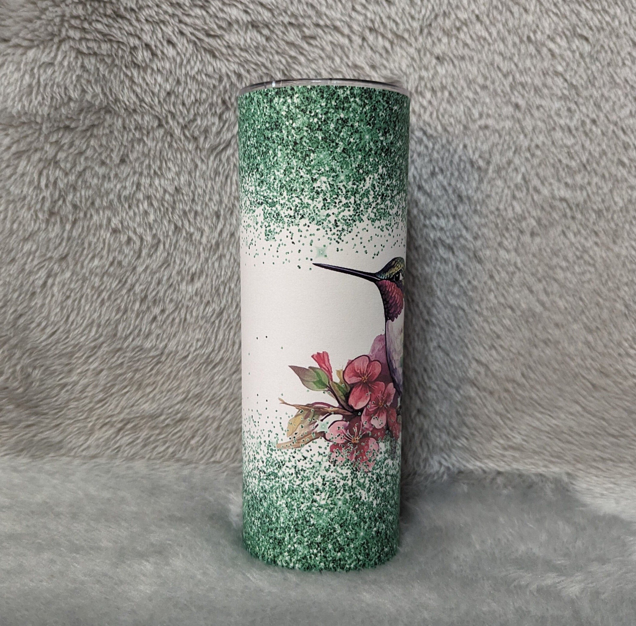 Hummingbird Tumbler with A Green Glitter Design 20oz With Reusable Straw, Can Be Personalized