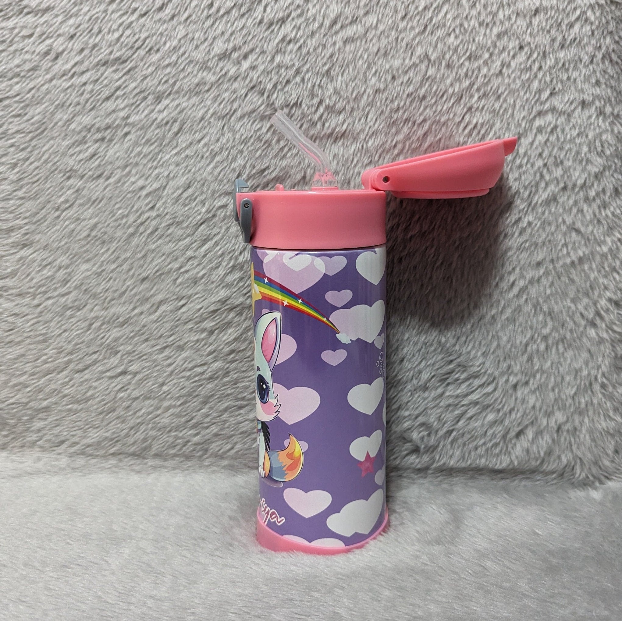 Kids Cat Water Bottle 12oz With Reusable Straw Can Be Personalized