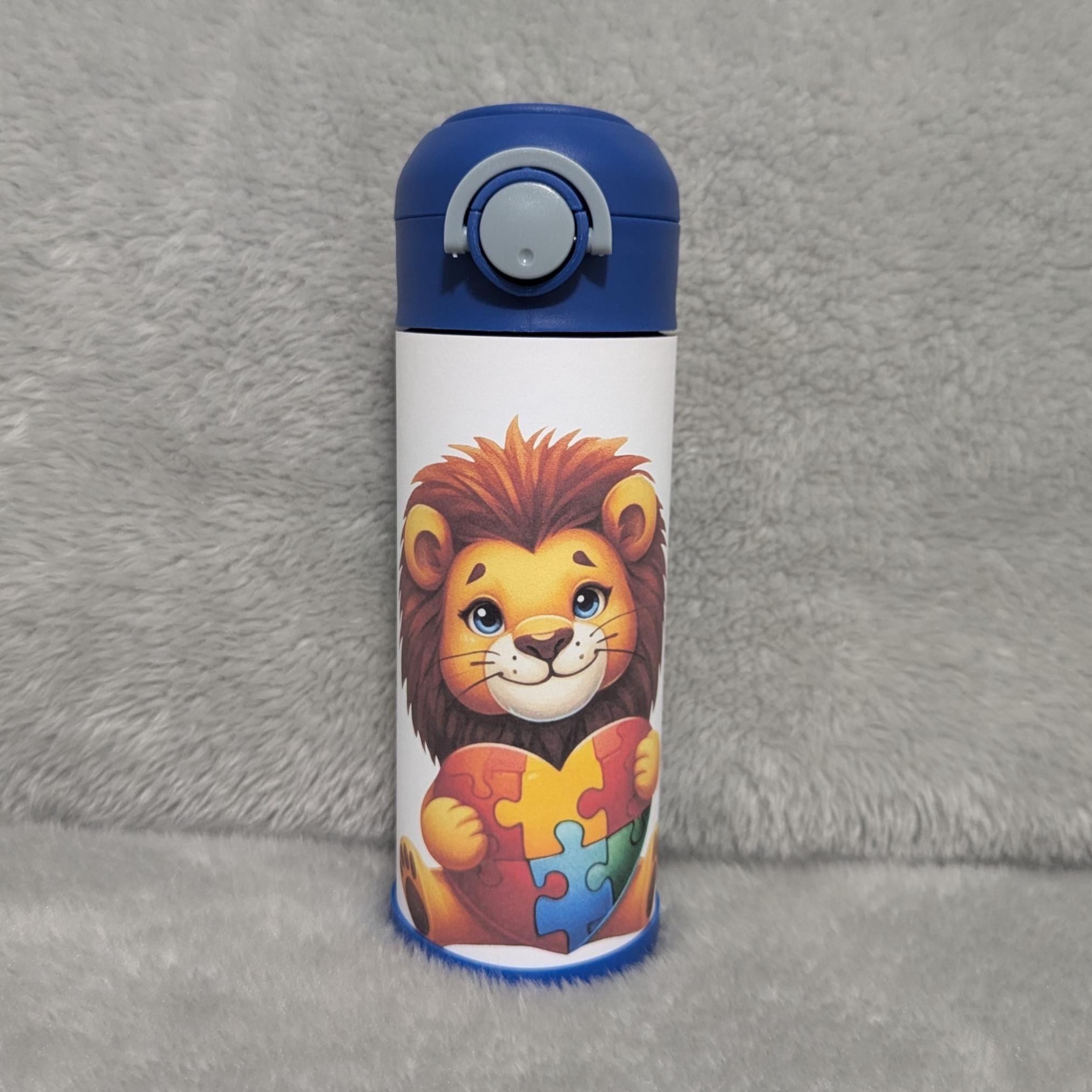 Kids Autism Lion Water Bottle Tumbler 12oz With Reusable Straw, Can Be Personalized