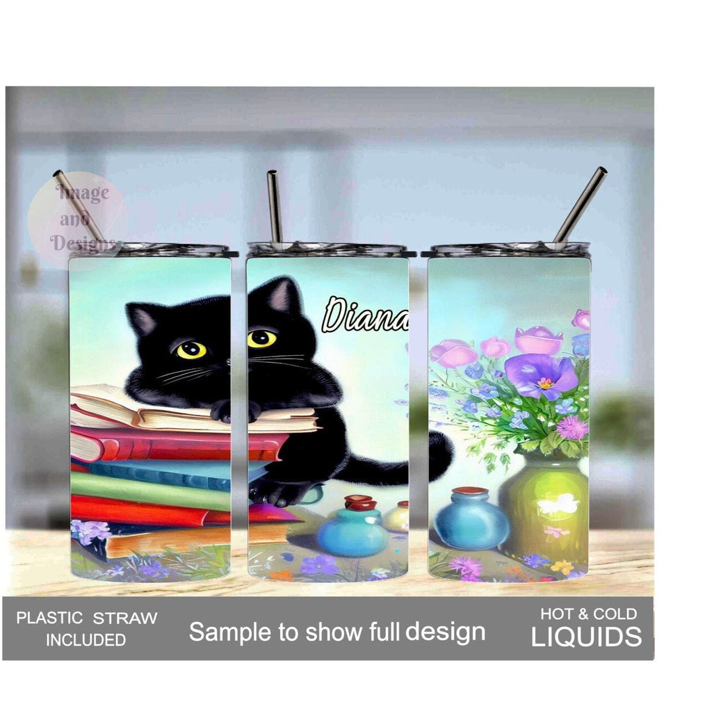 Black Kitten Tumbler 15oz With Reusable Straw, Can Be Personalized