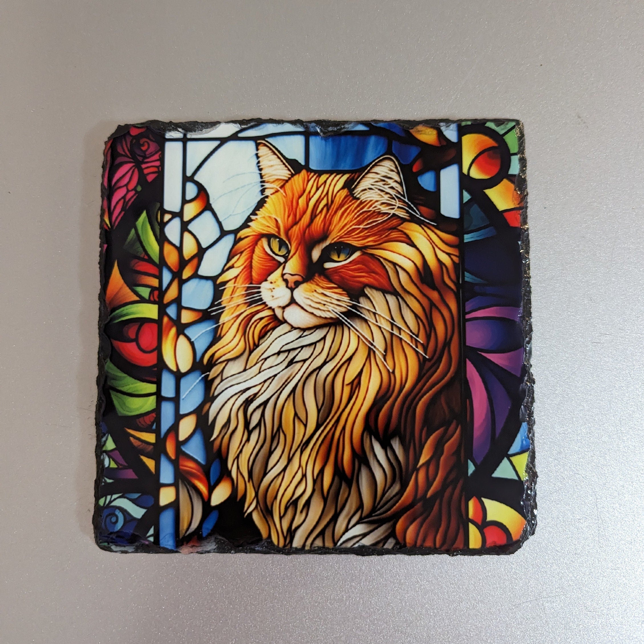 Slate Cat Picture With A Stained Glass Design Includes Display Legs