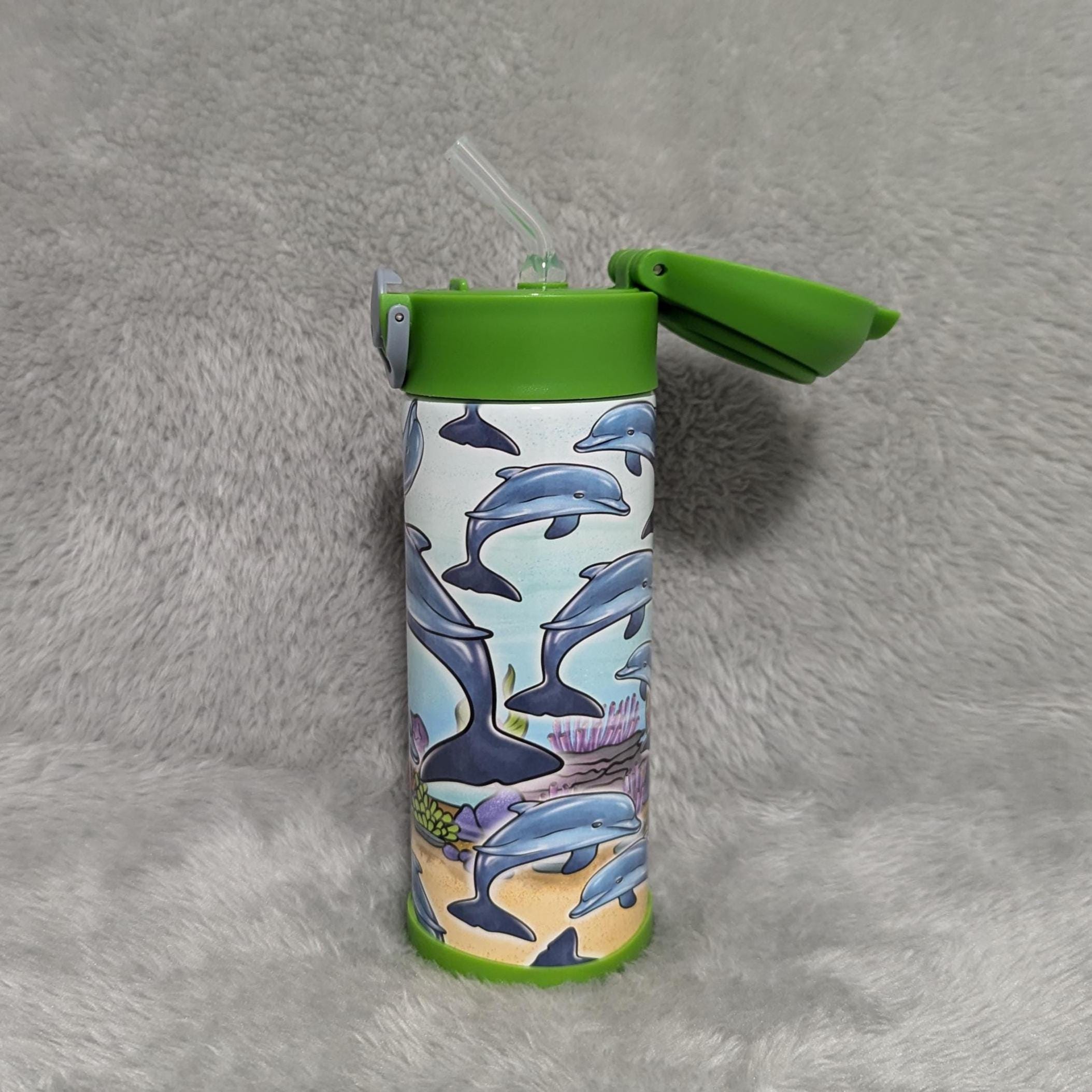 Kids Dolphin Water Bottle 12oz With Reusable Straw Can Be Personalized