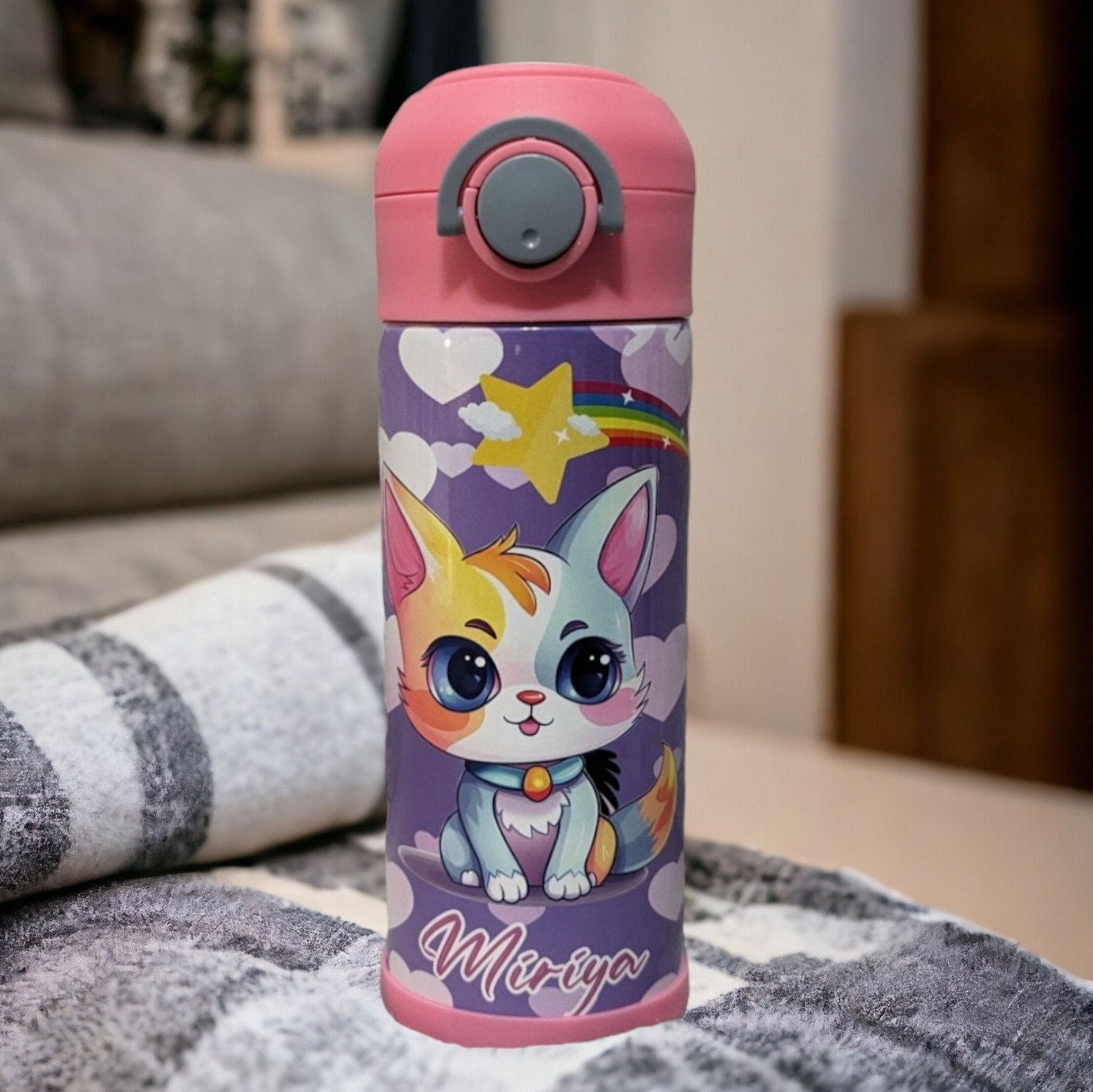 Kids Cat Water Bottle 12oz With Reusable Straw Can Be Personalized