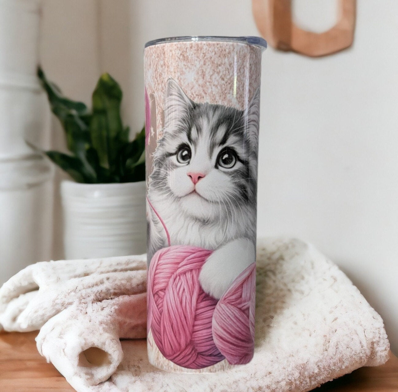 Playful Kitten Tumbler with A Glitter Design 20oz With Reusable Straw, Can Be Personalized