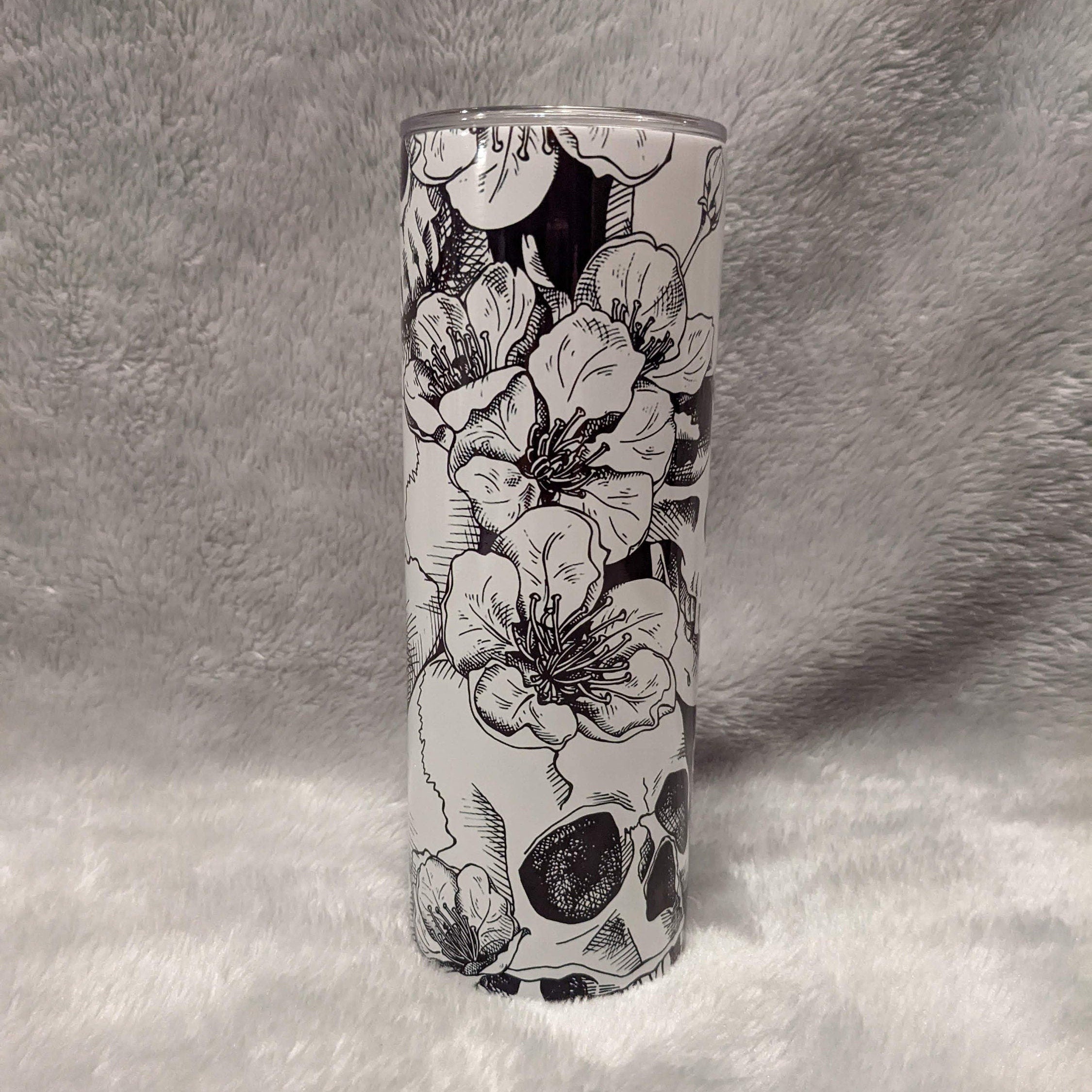 Stylish Black and White Skull Tumbler 20oz With Reusable Straw