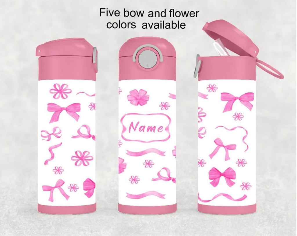 Kids Bow and Flowers Water Bottle 12oz With Reusable Straw Can Be Personalized