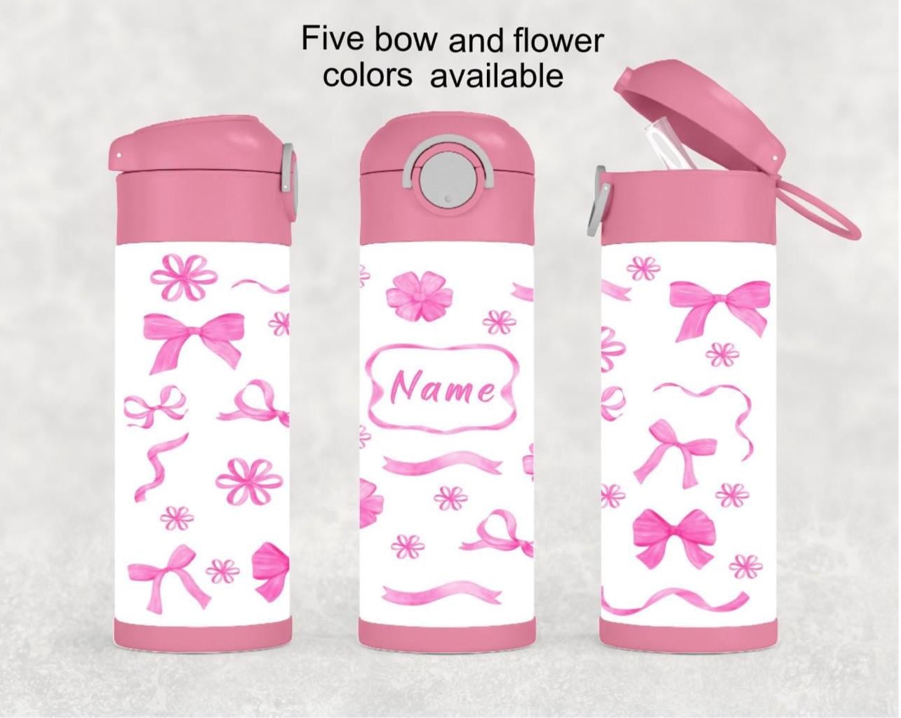 Kids Bow and Flowers Water Bottle 12oz With Reusable Straw Can Be Personalized