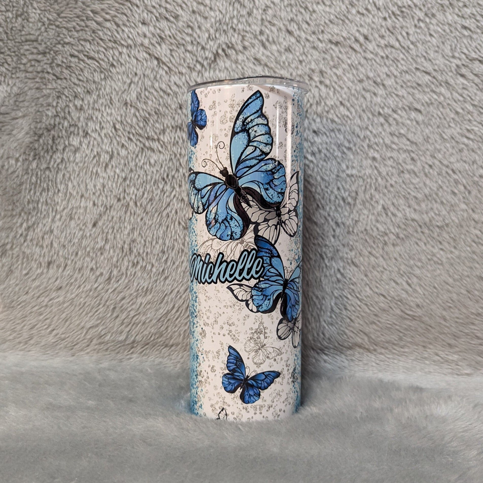 Blue Butterfly Tumbler With Leopard Print and Glitter Desig 20oz With Reusable Straw, Can Be Personalized