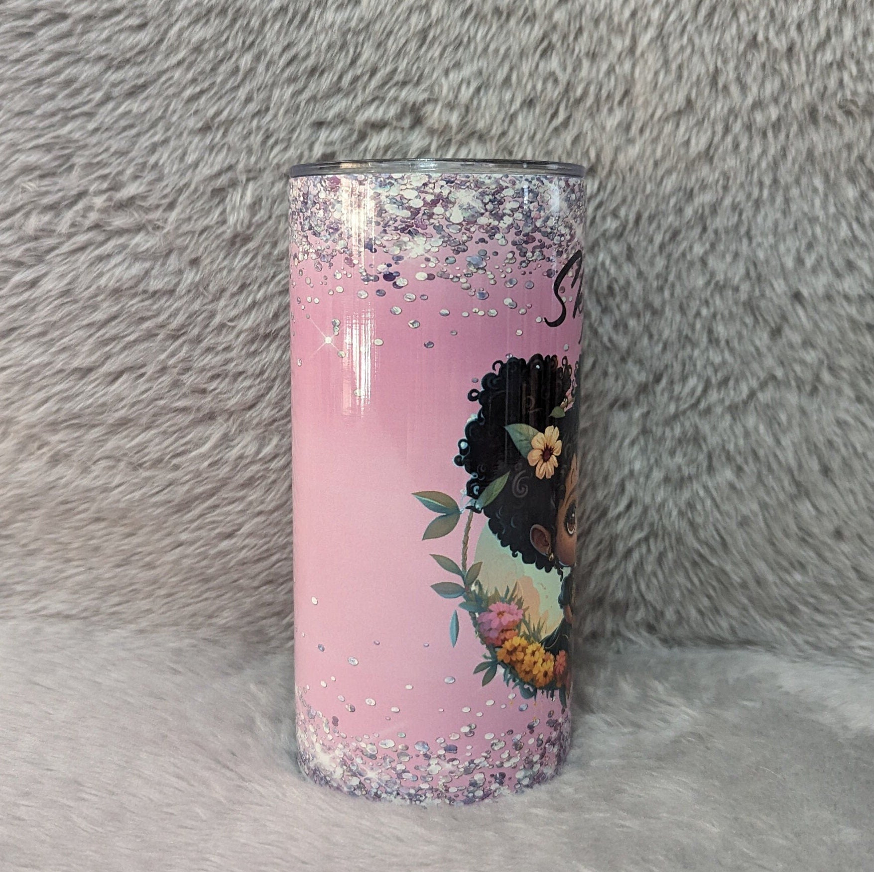 Little Girl With Pretty Flowers and A Glitter Design Tumbler 15oz With Reusable Straw, Can Be Personalized