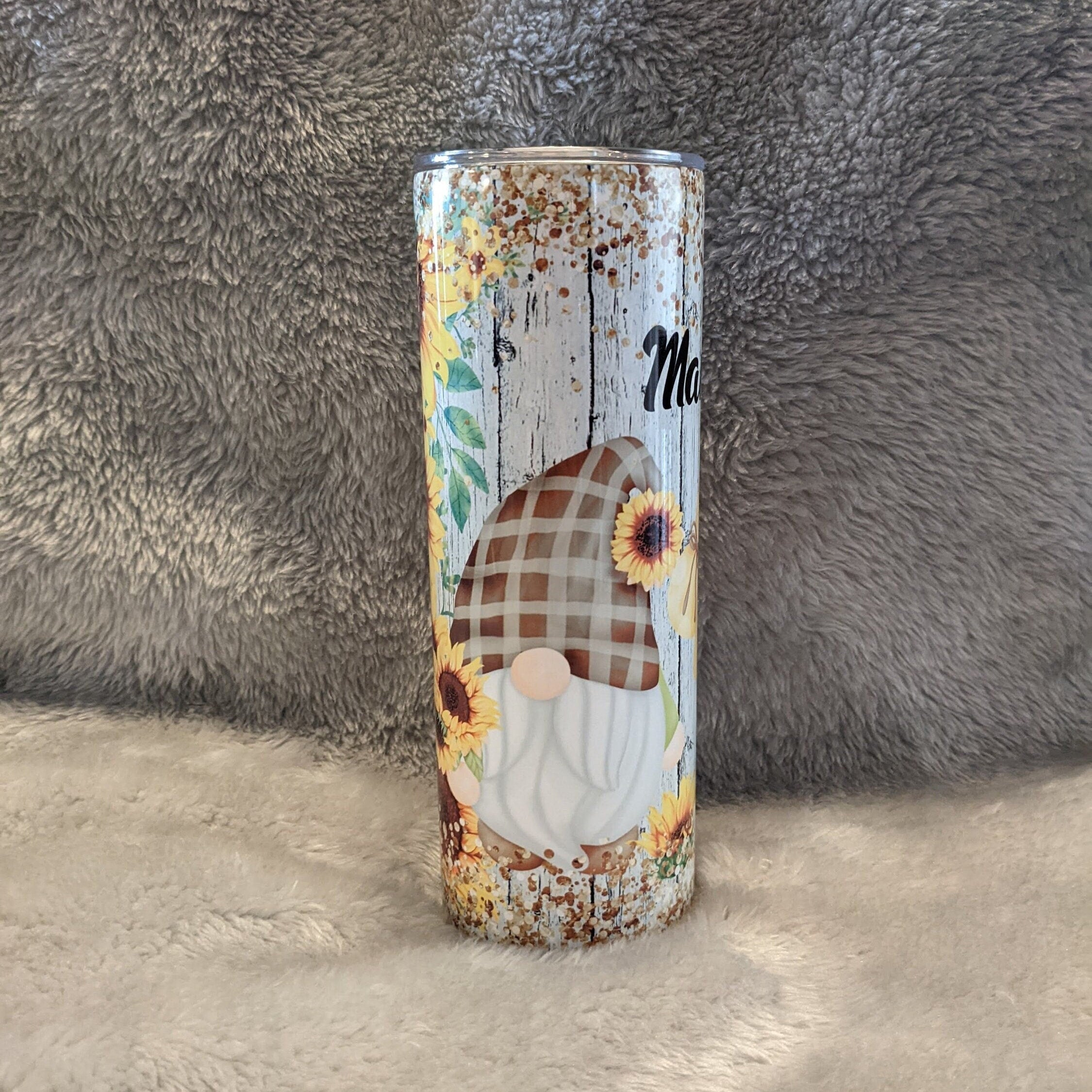 Cute Gnome With Sunflowers Tumbler 20oz With Reusable Straw, Can Be Personalized