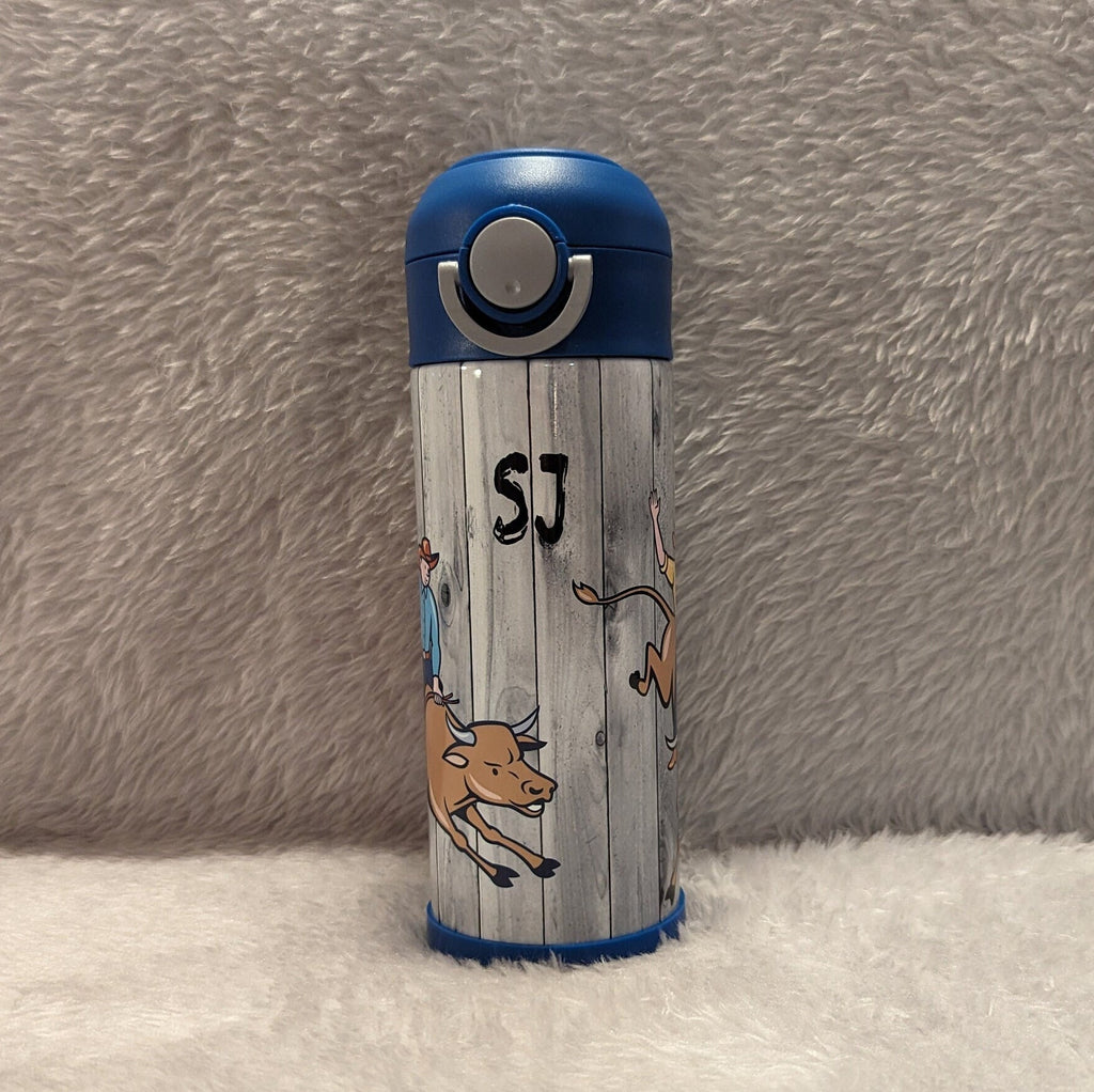 Kids Bull Riding Water Bottle 12oz With Reusable Straw Can Be Personalized