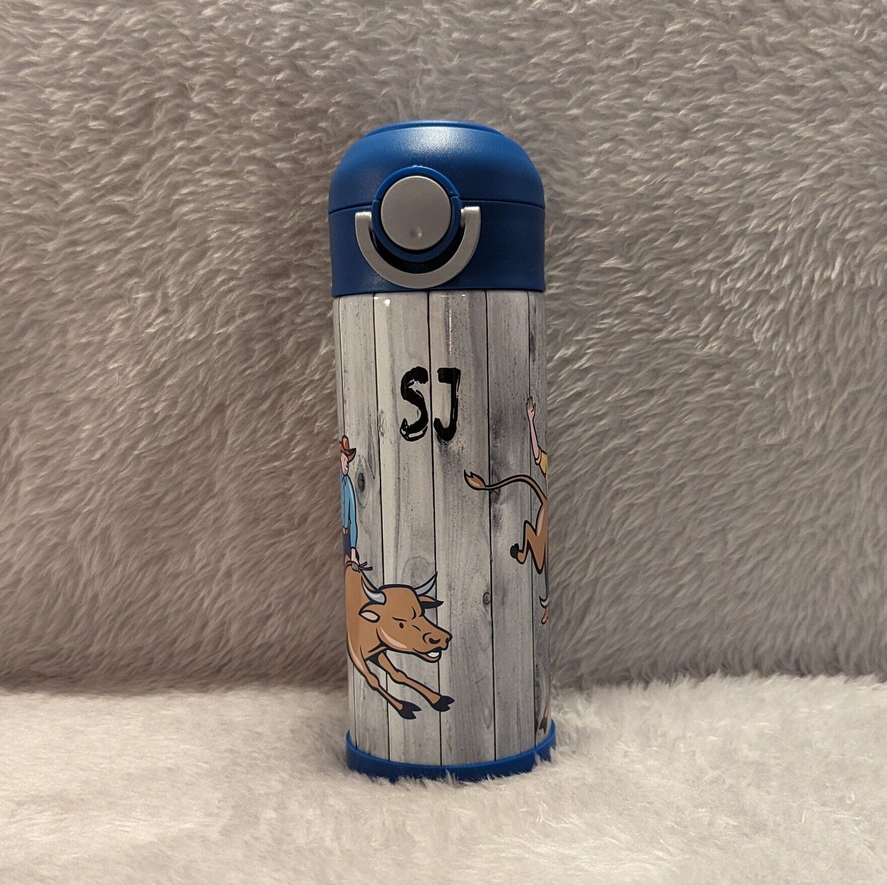 Kids Bull Riding Water Bottle 12oz With Reusable Straw Can Be Personalized
