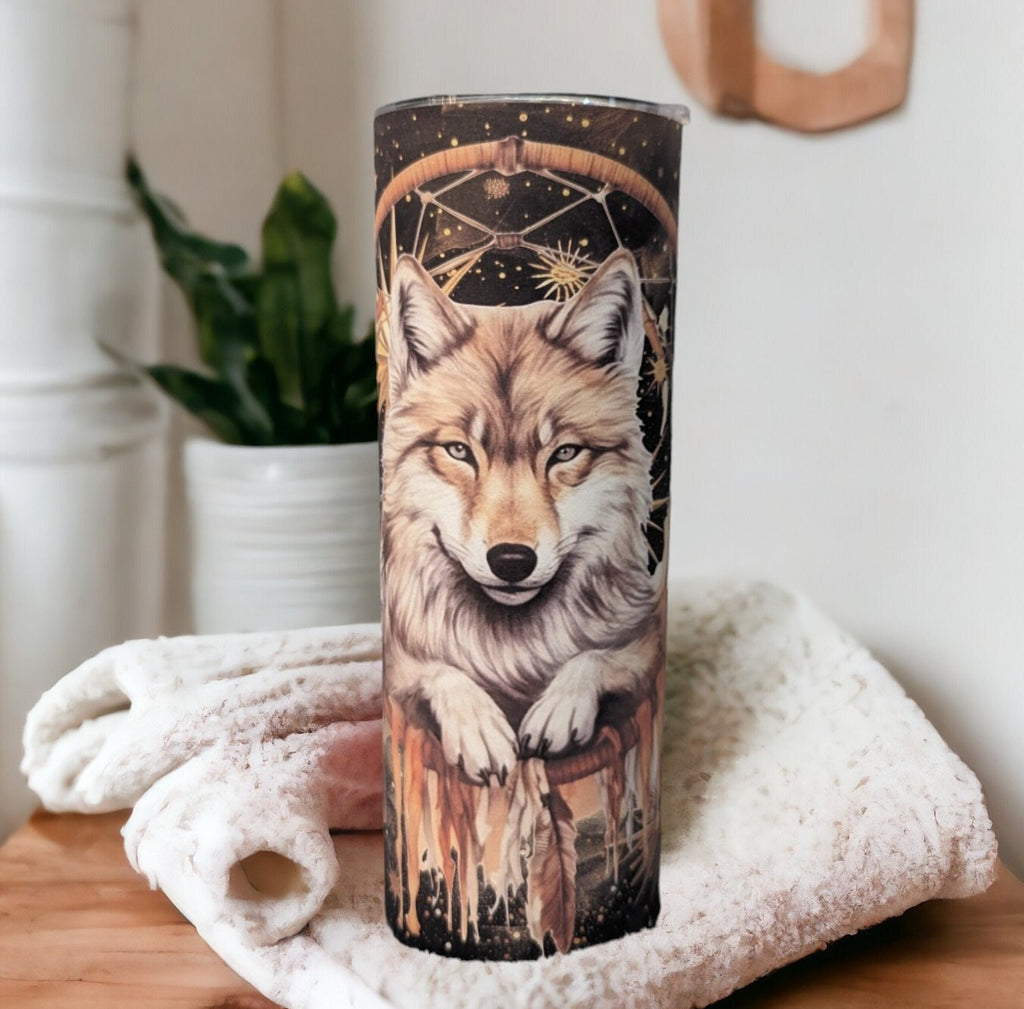 Wolf Dreamcatcher Tumbler 20oz With Reusable Straw, Can Be Personalized
