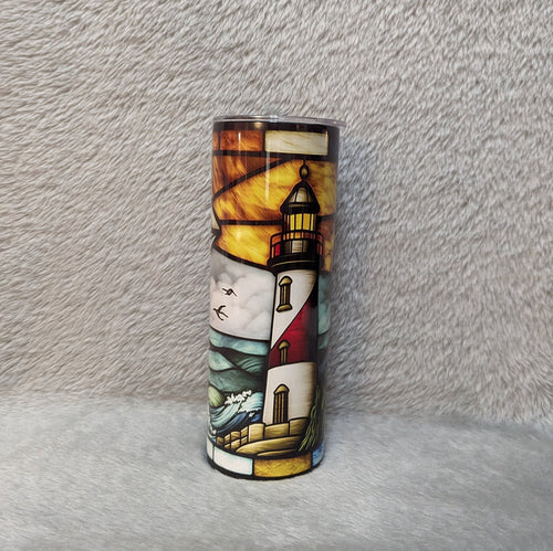 Beautiful Lighthouse Tumbler With A Stained Glass Design 20oz With Reusable Straw, Can Be Personalized