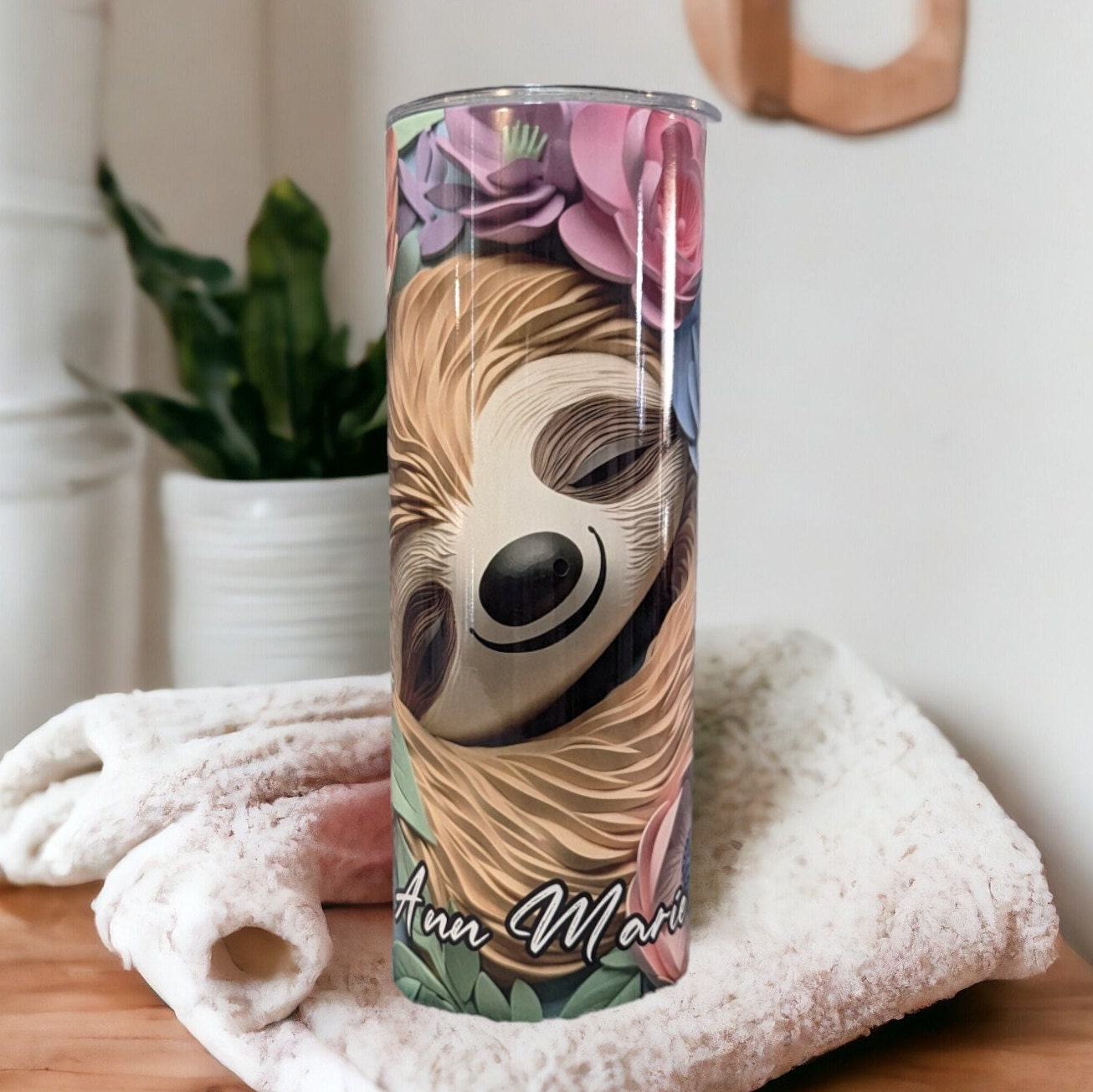 3D Design Sloth Tumbler 20oz With Reusable Straw, Can Be Personalized