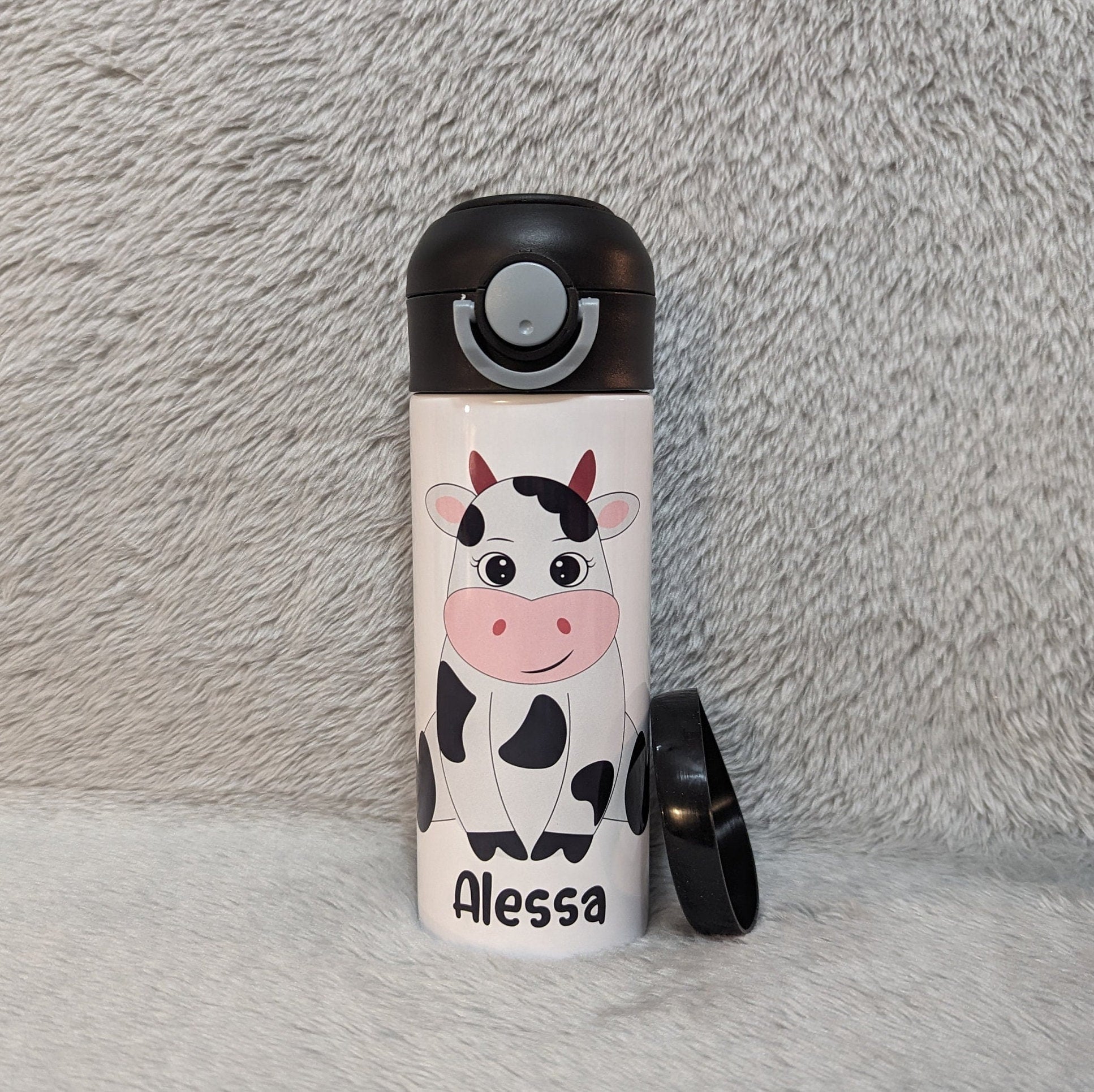 Kids Cow Water Bottle 12oz With Reusable Straw Can Be Personalized