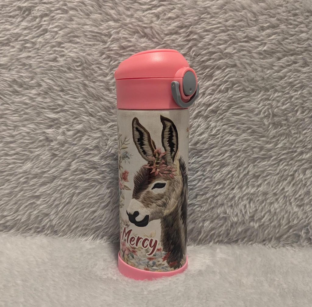 Kids Donkey Water Bottle 12oz With Reusable Straw Can Be Personalized