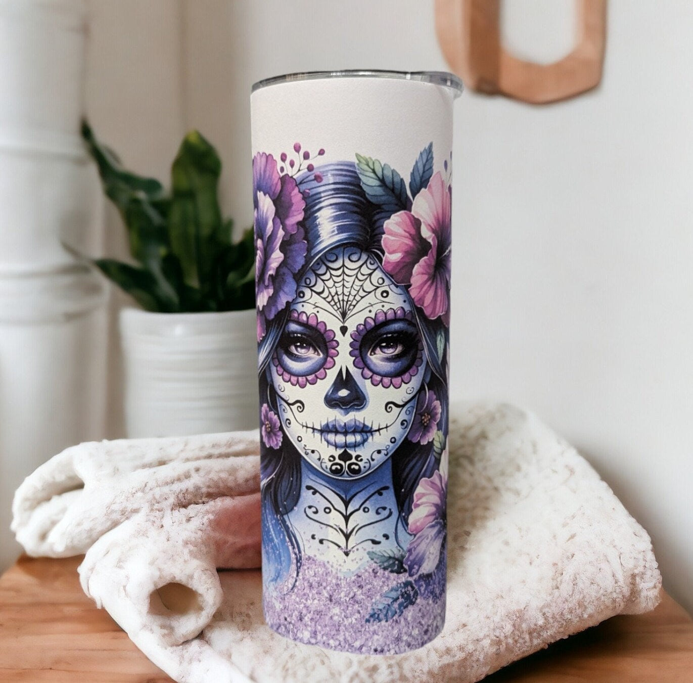 La Catrina Girl Tumbler With A Purple Glitter Design 20oz With Reusable Straw, Can Be Personalized