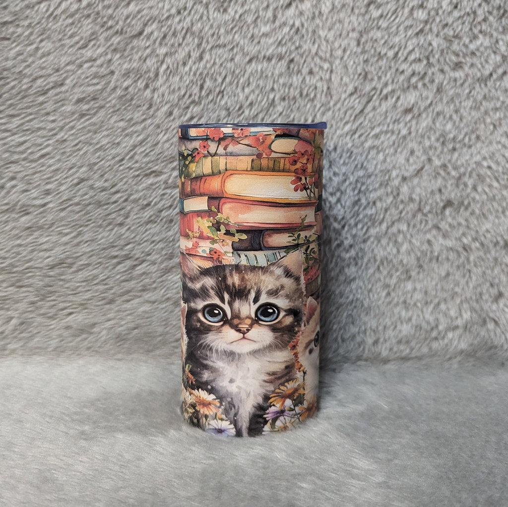 Kitten and Books Tumbler 15oz Tumber With Reusable Straw, Can Be Personalized