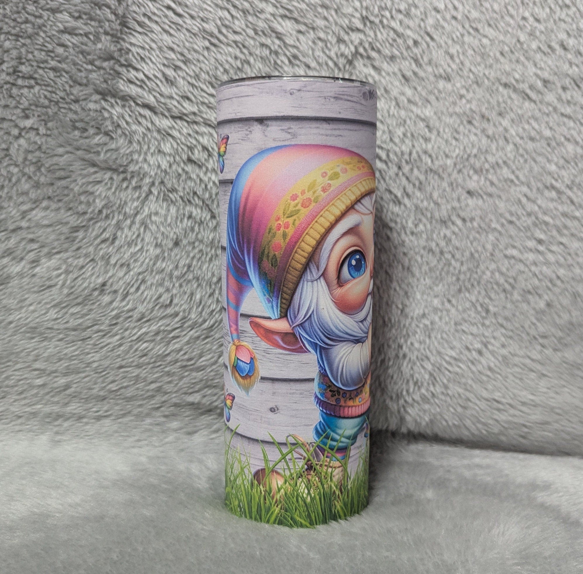 Gnome With Flowers Tumbler 20oz With Reusable Straw, Can Be Personalized