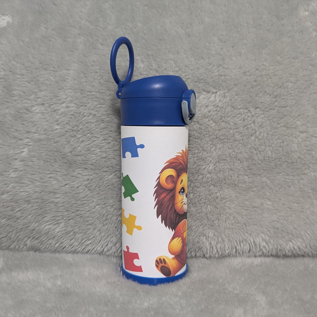 Kids Autism Lion Water Bottle Tumbler 12oz With Reusable Straw, Can Be Personalized