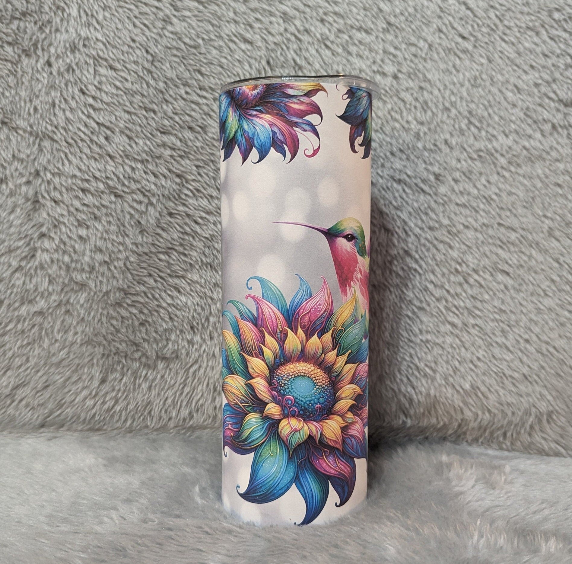Hummingbird Tumbler with Colorful Sunflowers 20oz With Reusable Straw, Can Be Personalized
