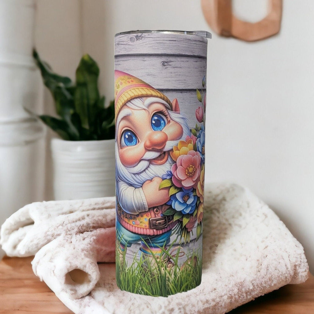 Gnome With Flowers Tumbler 20oz With Reusable Straw, Can Be Personalized