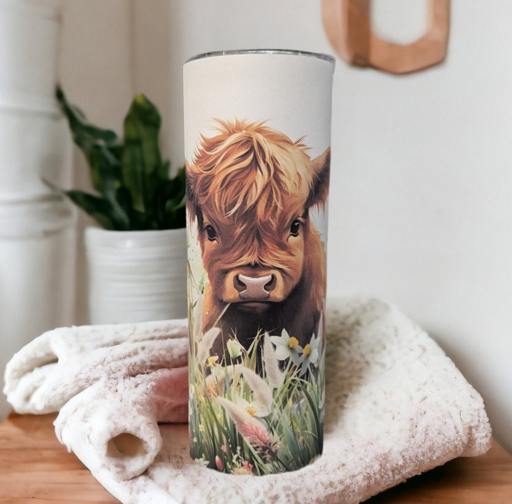 Adorable Highland Cow Calf Tumbler 20oz With Reusable Straw, Can Be Personalized