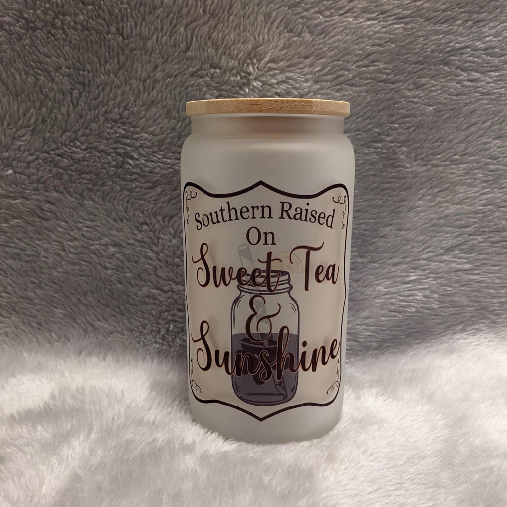 Southern Raised on Sweet Tea and Sunshine 16oz Frosted Glass with Bamboo Lid & Straw