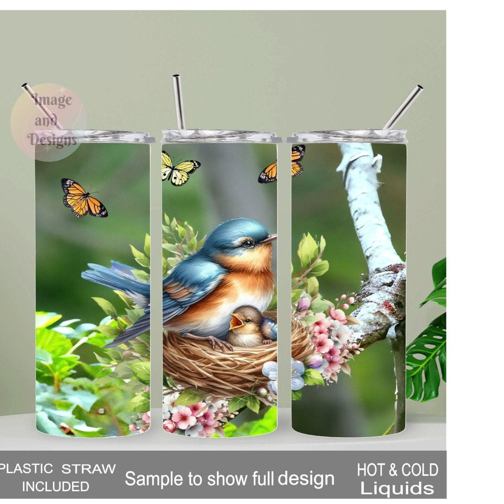 Bird Tumbler with Mother and Baby Bird 20oz With Reusable Straw, Can Be Personalized