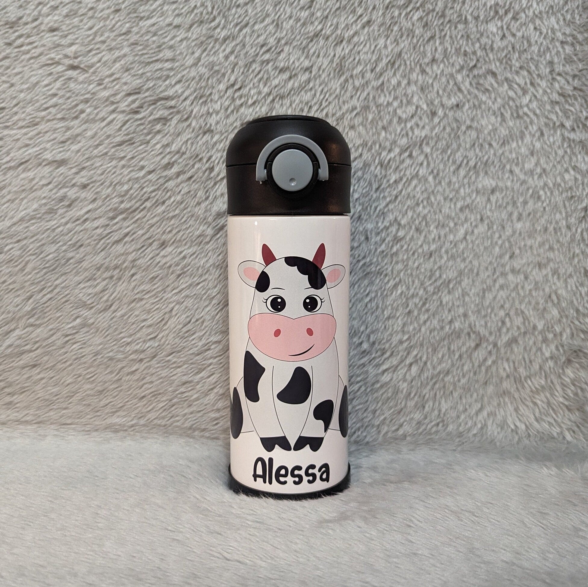 Kids Cow Water Bottle 12oz With Reusable Straw Can Be Personalized