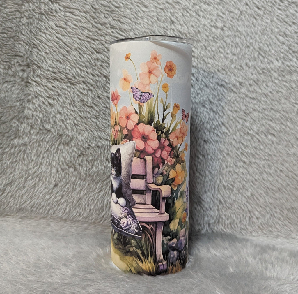 Cat Tumbler With A Cute Kitten Resting on A Bench 20oz With Reusable Straw, Can Be Personalized
