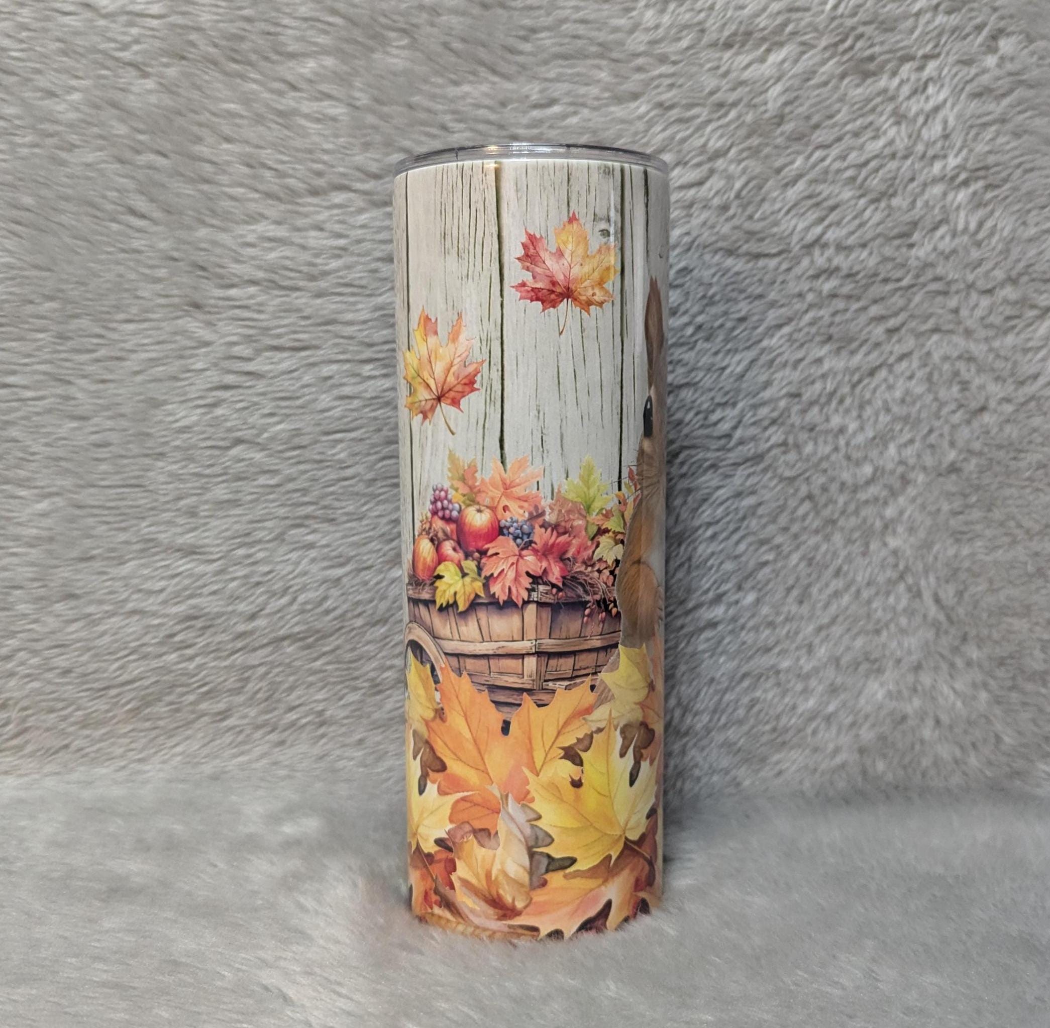 Squirrel Tumbler with Autumn Leaves 20oz With Reusable Straw, Can Be Personalized
