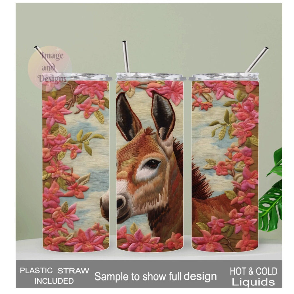 Donkey Tumbler With Flowers and A Embroidered Design 20oz With Reusable Straw, Can Be Personalized