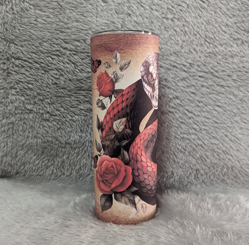 Snake Tumbler With Roses and Butterflies 20oz With Reusable Straw, Can Be Personalized