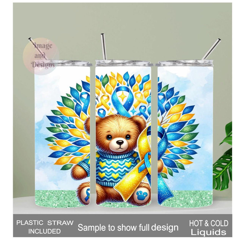 Down Syndrome Awareness Bear Tumbler 20oz With Reusable Straw, Can Be Personalized