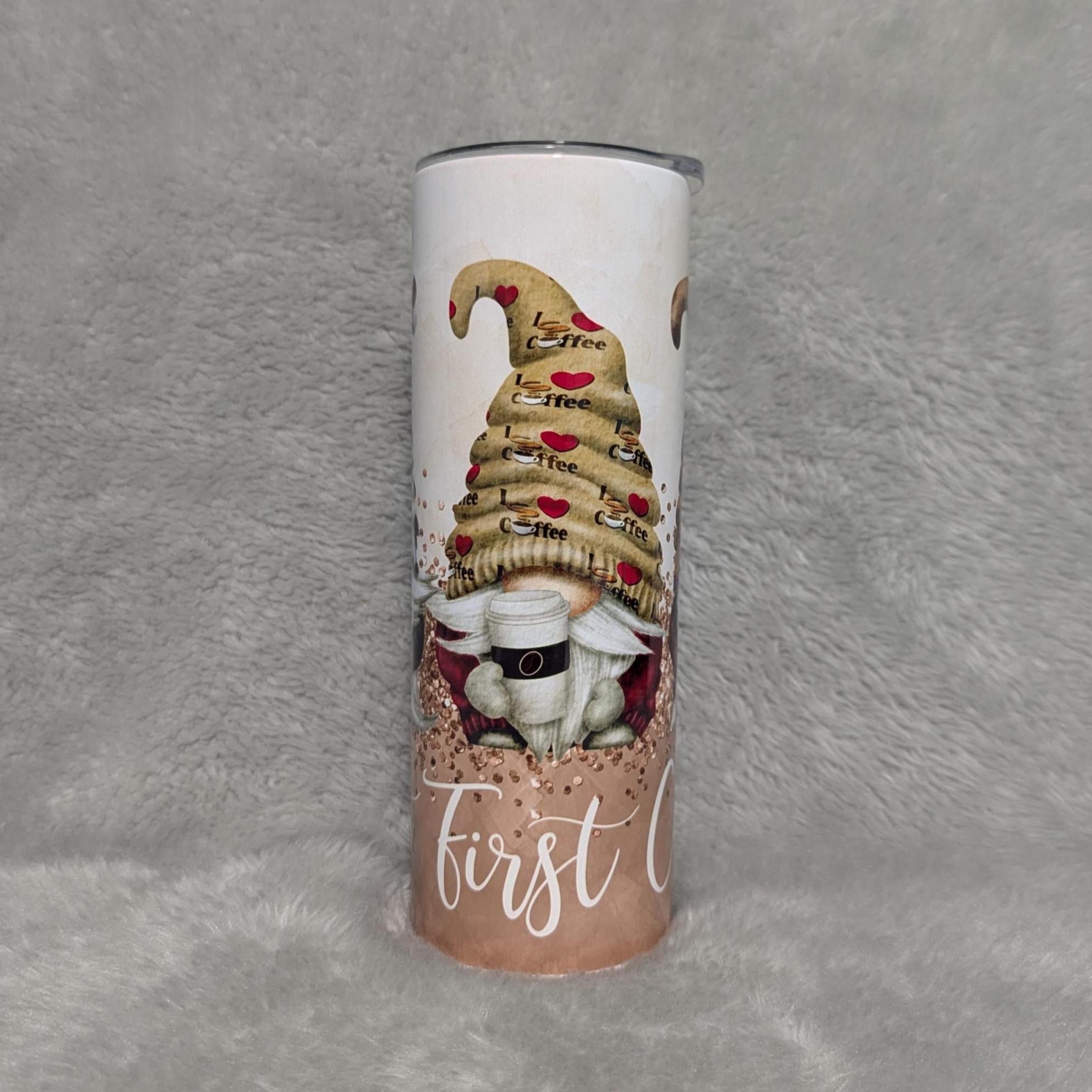 But First Coffee Gnomes Tumbler 20oz With Reusable Straw, Can Be Personalized