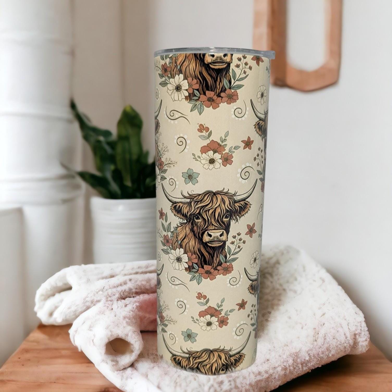 Boho Highland Cow Tumbler 20oz With Reusable Straw, Can Be Personalized