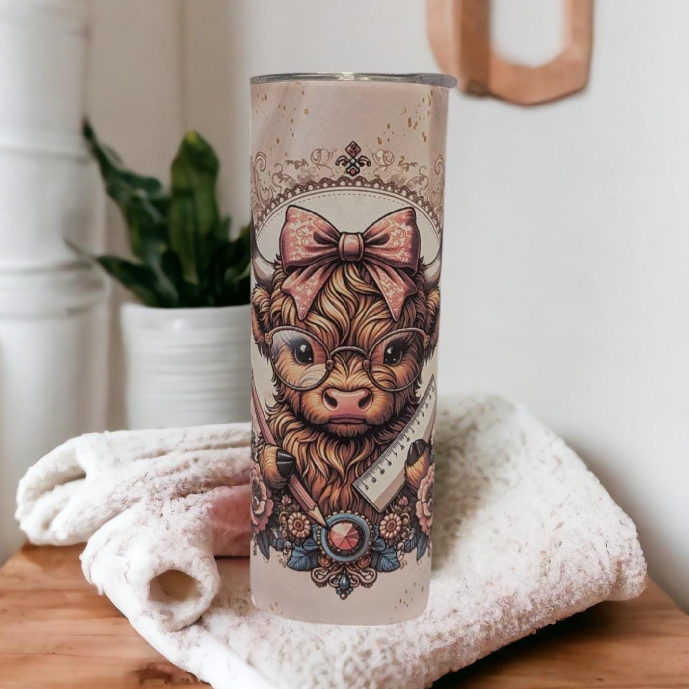 Highland Cow Teacher Tumbler 20oz With Reusable Straw, Can Be Personalized