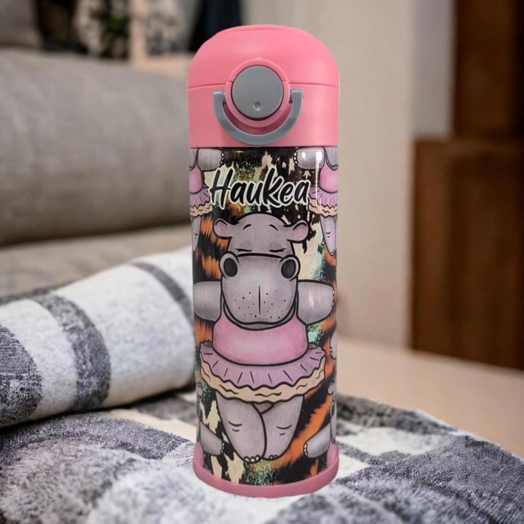 Kids Hippo Water Bottle 12oz With Reusable Straw Can Be Personalized
