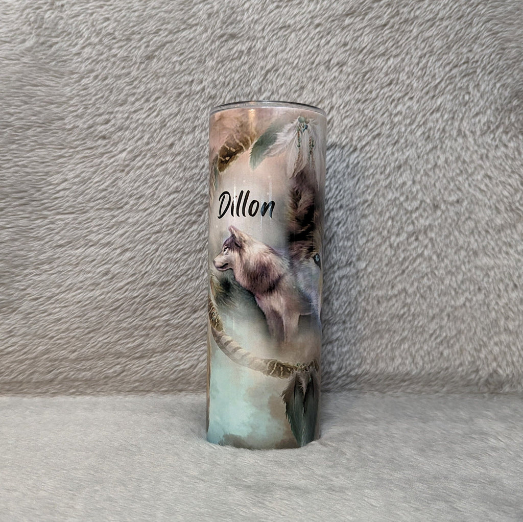 Wolf Dreamcatcher Tumbler 20oz With Reusable Straw Can Be Personalized