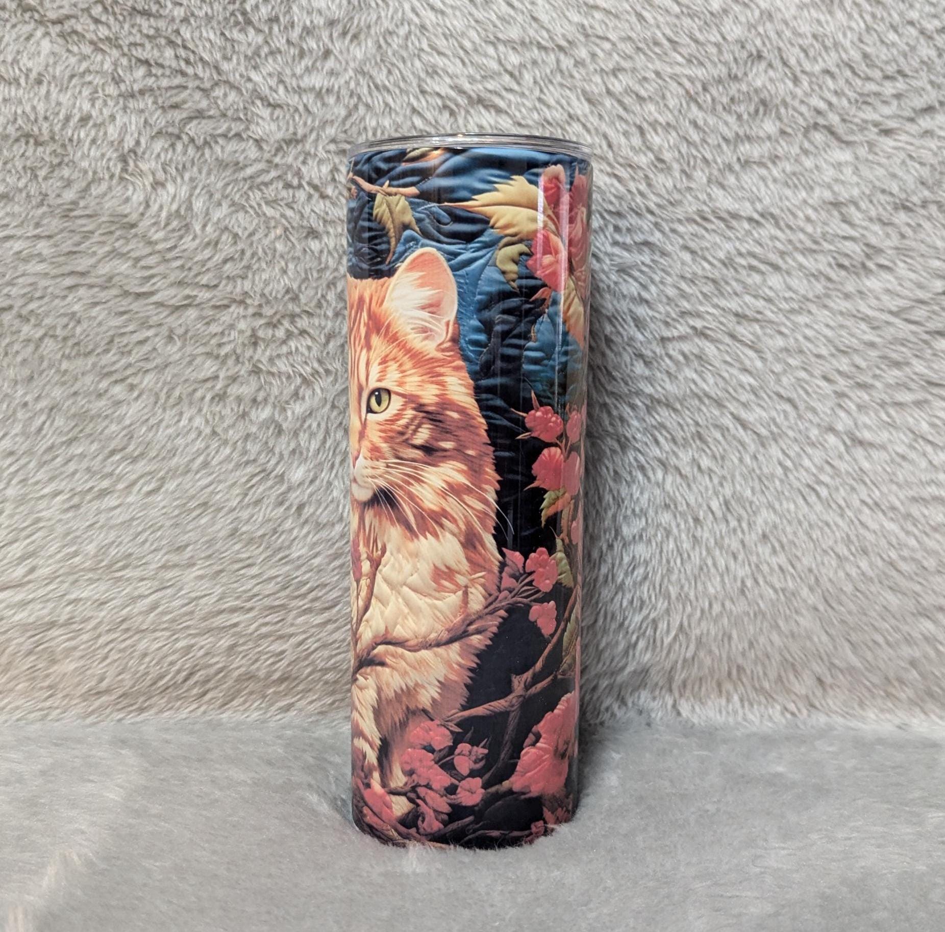 Cat Tumbler with Embroidered Orange Tabby Cat Design 20oz With Reusable Straw, Can Be Personalized