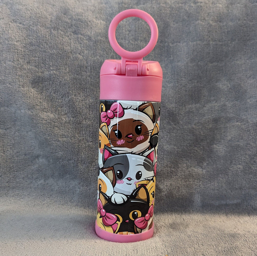 Kids Cat Water Bottle 12oz With Reusable Straw Can Be Personalized